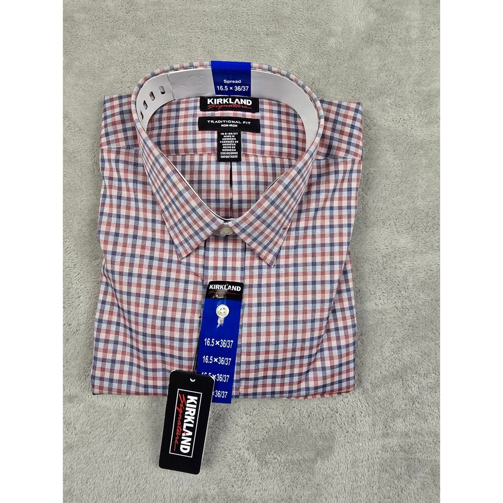 Kirkland Signature Dress Shirt Mens 16.5 36/37 Multicolor Plaid Non-Iron Fit